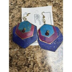 Vintage Funky 80s 90s Style Dangle Drop Earrings Teal Blue Pink Hexagon 2” India